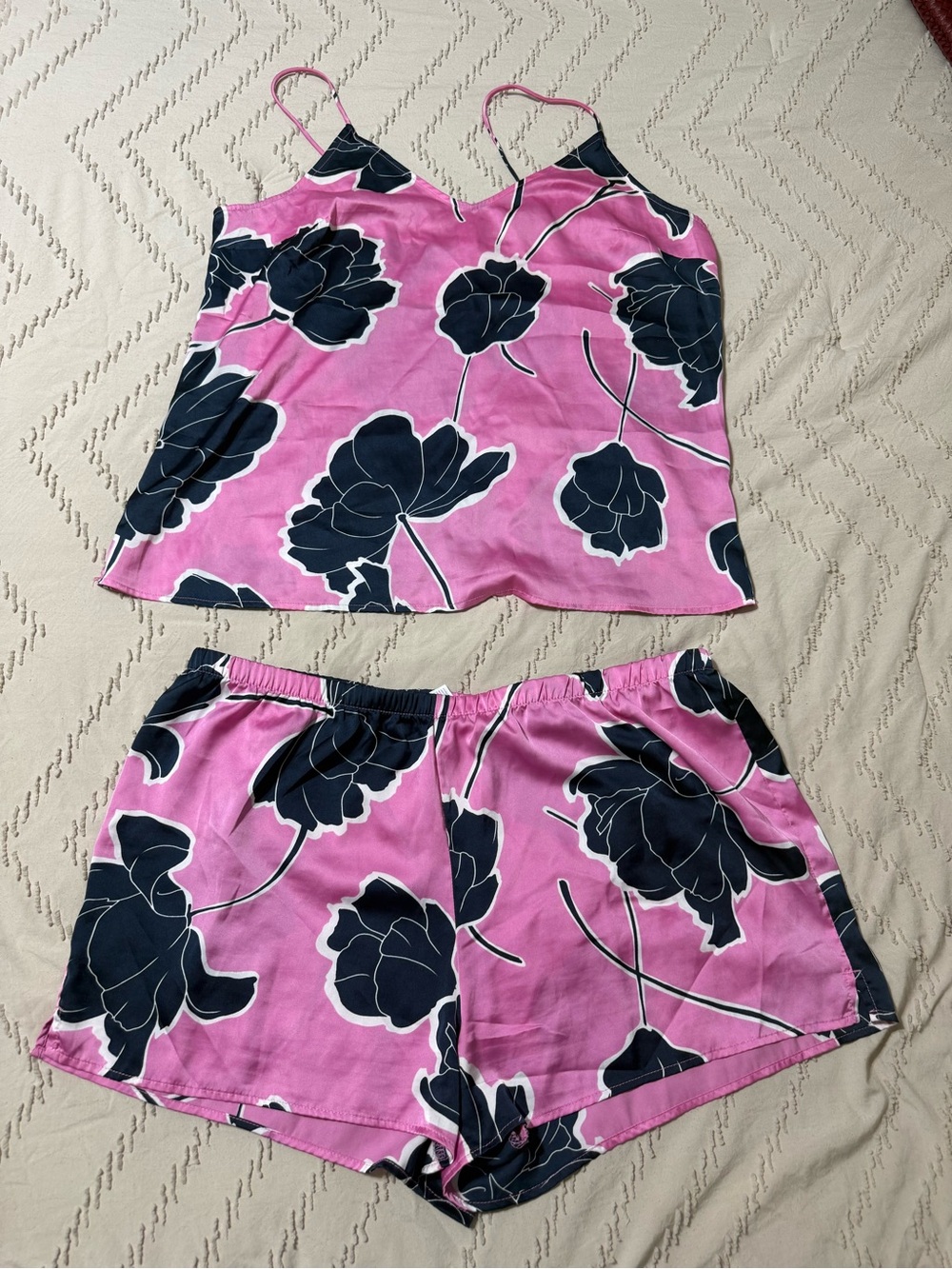 stars above Pink and Navy Floral Satin Pajama Set